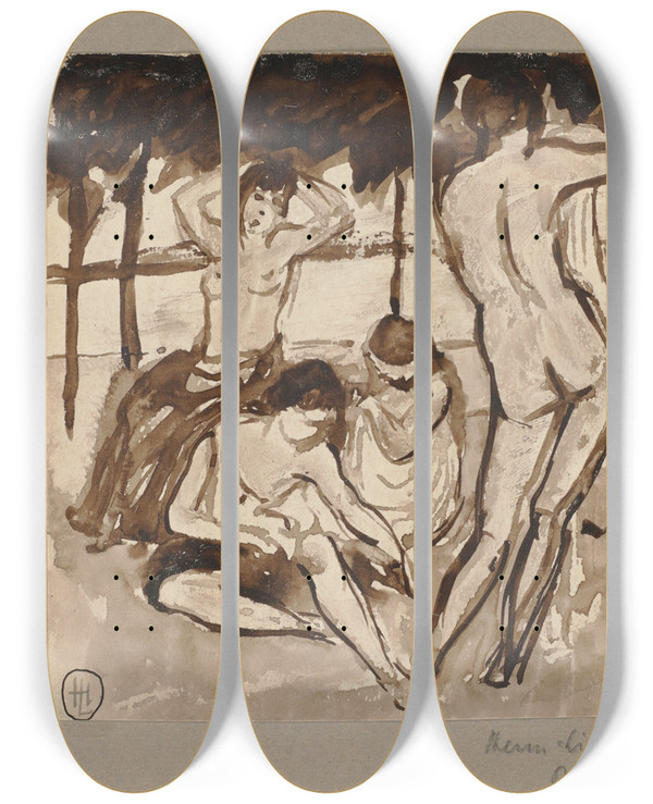 Triptych art skateboard deck of Hermann Lismann Four Nudes by Hermann Lismann (1878-1943)