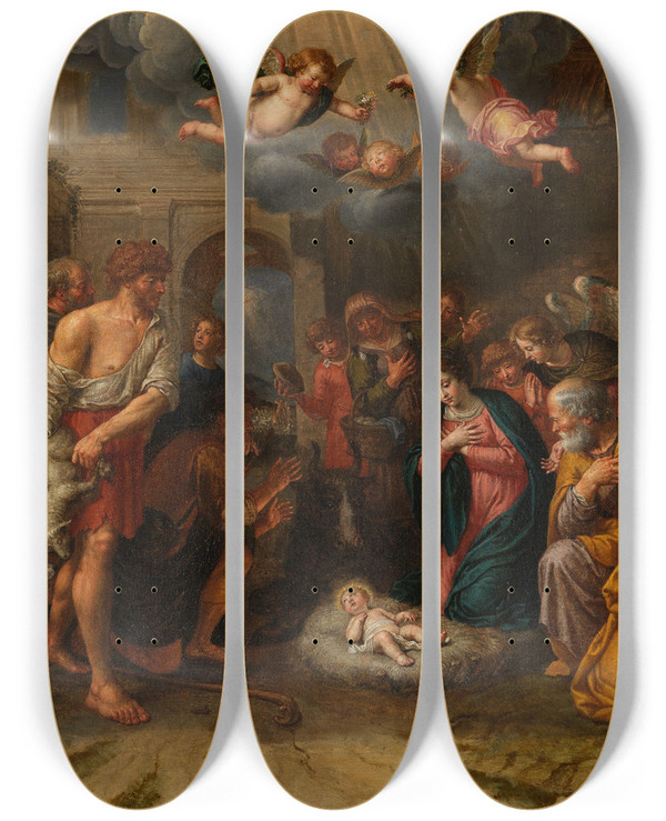 Triptych art skateboard deck of Peter Van Lint Adoration Of The Shepherds by Peter Van Lint (1609-1690)