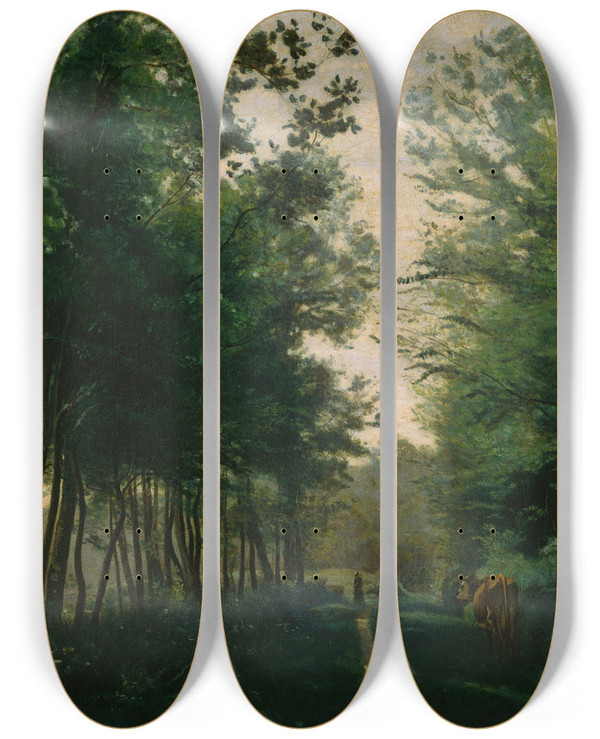 Triptych art skateboard deck of Jeanbaptistecamille Corot Ville Davray by Jean-Baptiste-Camille Corot (1796-1875)