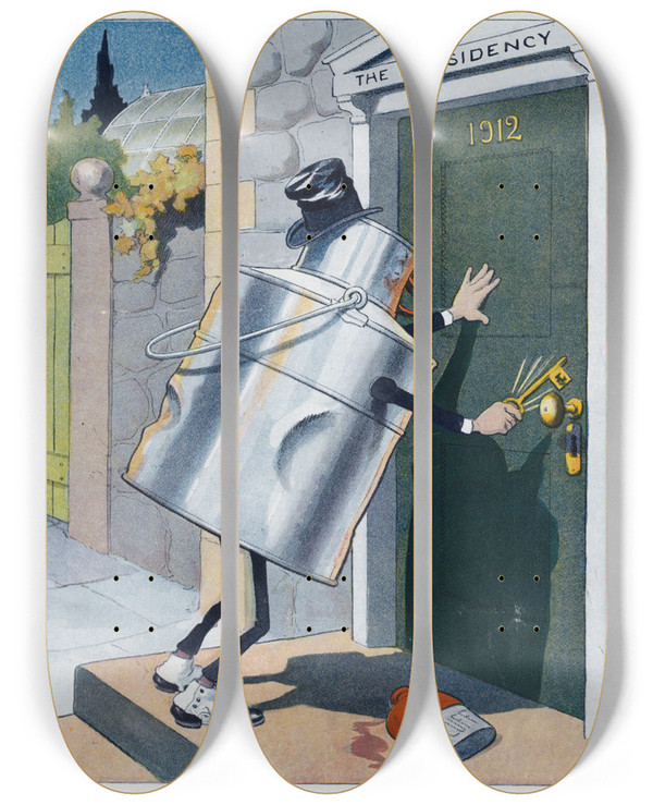 Triptych art skateboard deck of Louis Glackens The Full Dinnerpail by Louis Glackens (1866-1933)