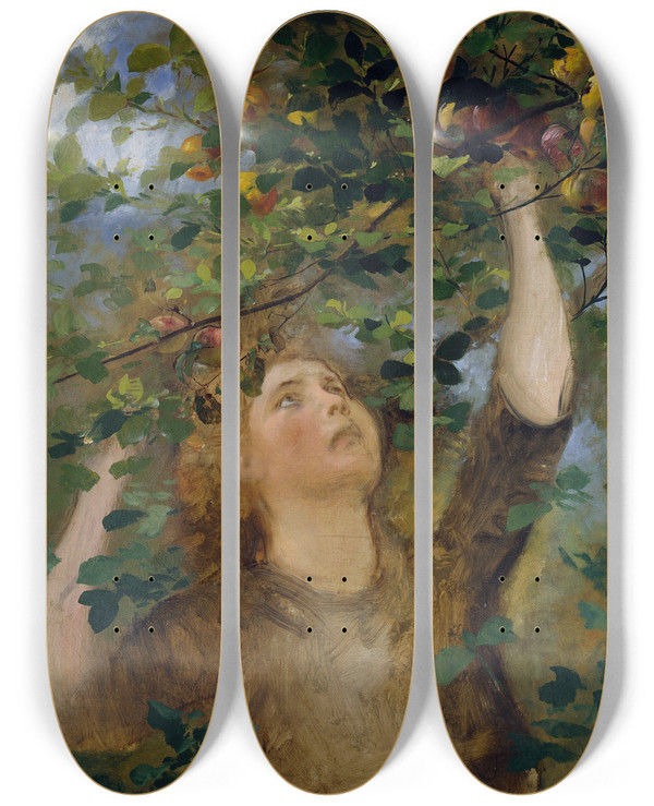 Triptych art skateboard deck of Anton Romako Apfelpflckendes Mdchen by Anton Romako (1832-1889)