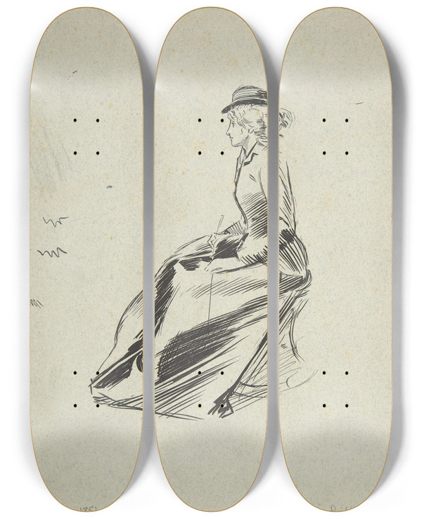 Triptych art skateboard deck of Phil May Study Of A Lady In A Riding Habit by Phil May (1864-1903)