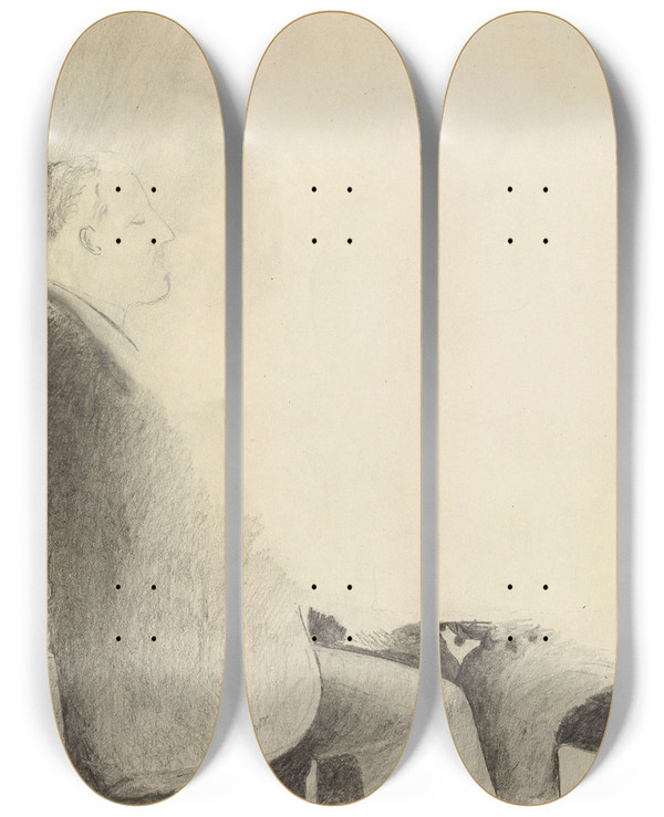 Triptych art skateboard deck of Gustav Wentzel Seated Man by Gustav Wentzel (1859-1927)