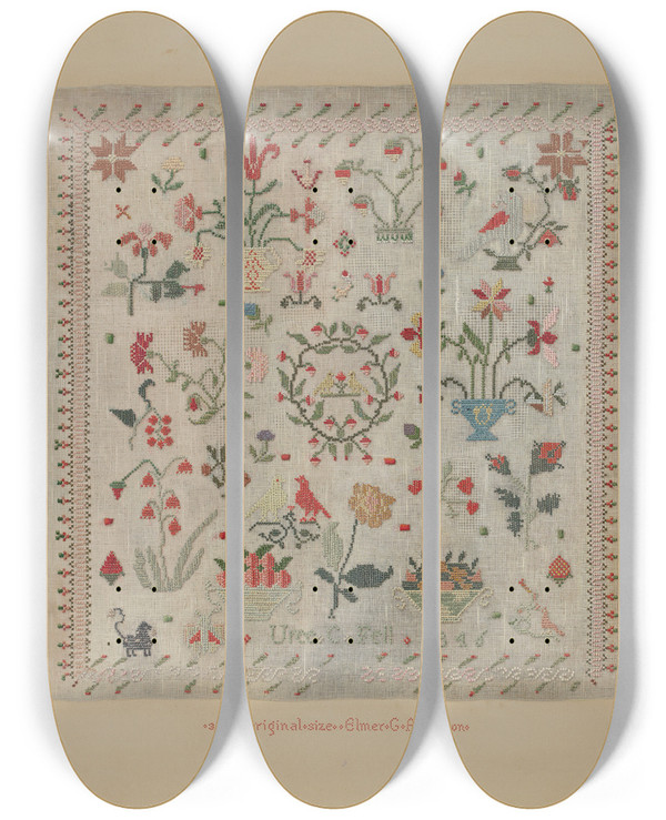 Triptych art skateboard deck of Elmer G Anderson Sampler by Elmer G Anderson