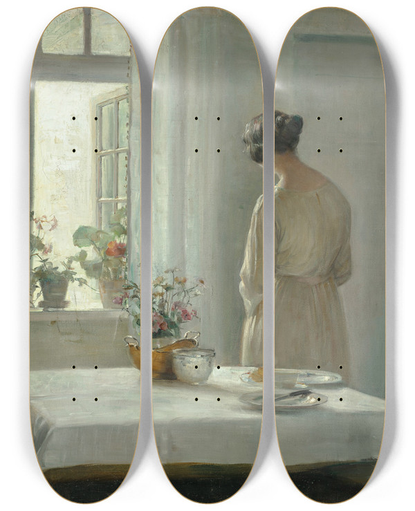 Triptych art skateboard deck of Carl Holse Sunlit Breakfast by Carl Holsoe (1863-1935)