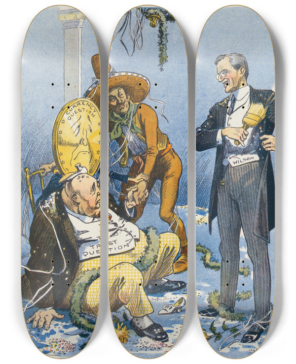 Triptych art skateboard deck of Louis Glackens The Morning After by Louis Glackens (1866-1933)