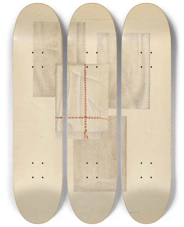 Triptych art skateboard deck of Jerry Guinta Zoar Linens by Jerry Guinta