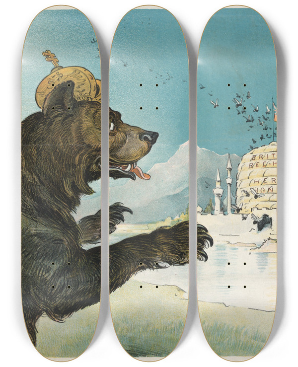 Triptych art skateboard deck of Udo Keppler Muscovite Caution by Udo Keppler (1872-1956)
