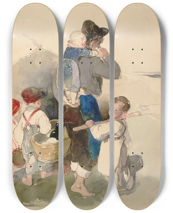 Triptych art skateboard deck of Peter Fendi Children On Their Way To Work In The Fields by Peter Fendi (1796-1842)