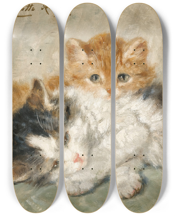 Triptych art skateboard deck of Henritte Ronnerknip Sleepy Kittens by Henritte Ronner-Knip (1821-1909)