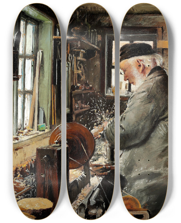 Triptych art skateboard deck of Laurits Andersen Ring En Drejer Ved Sin Drejebnk by Laurits Andersen Ring (1854-1933)
