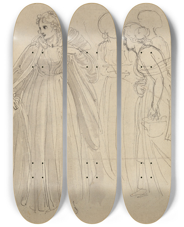 Triptych art skateboard deck of Thomas Stothard Study For Illustration A Princess With Her Attendants by Thomas Stothard (1755-1834)