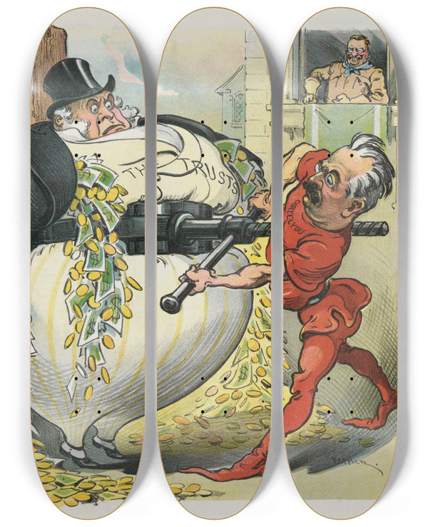 Triptych art skateboard deck of Udo Keppler Putting The Screws On Him by Udo Keppler (1872-1956)