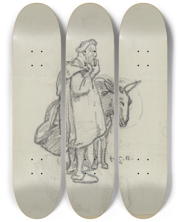 Triptych art skateboard deck of Rudolf Gudden A Man With A Donkey by Rudolf Gudden (1863-1935)
