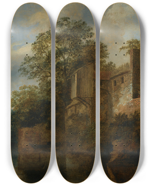 Triptych art skateboard deck of Cornelis Gerritsz Decker A Figure Standing By A Stone House Along A River by Cornelis Gerritsz Decker (1618-1678)