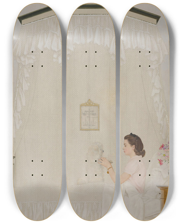 Triptych art skateboard deck of Bernard Boutet De Monvel Sylvie Et Son Chien Champagne by Bernard Boutet De Monvel (1881-1949)