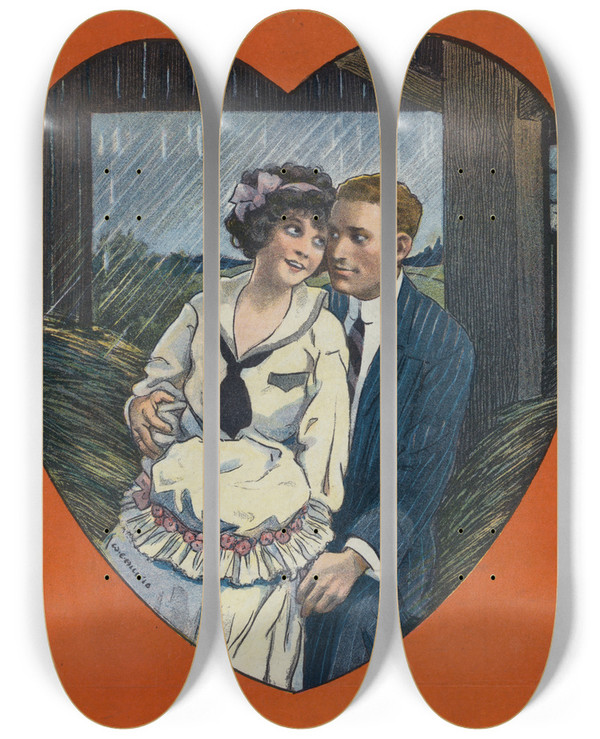 Triptych art skateboard deck of William Ely Hill Making Hay While The Rain Falls by William Ely Hill (1887-1962)