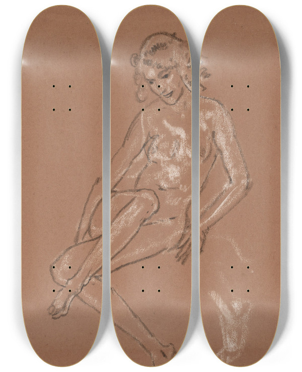Triptych art skateboard deck of Arthur Bowen Davies Seated Nude And A Foot by Arthur Bowen Davies (1862-1928)