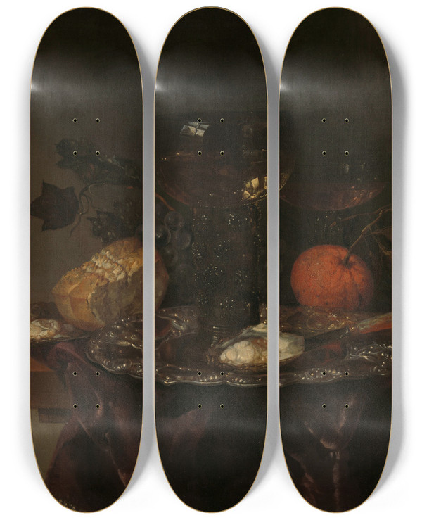 Triptych art skateboard deck of Abraham Van Beyeren Still Life_2 by Abraham Van Beyeren (1620-1690)