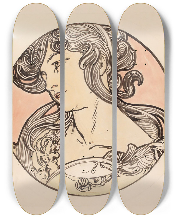 Triptych art skateboard deck of Alphonse Mucha Vitrail Pour La Faade De La Boutique Fouquet_8 by Alphonse Mucha (1860-1939)