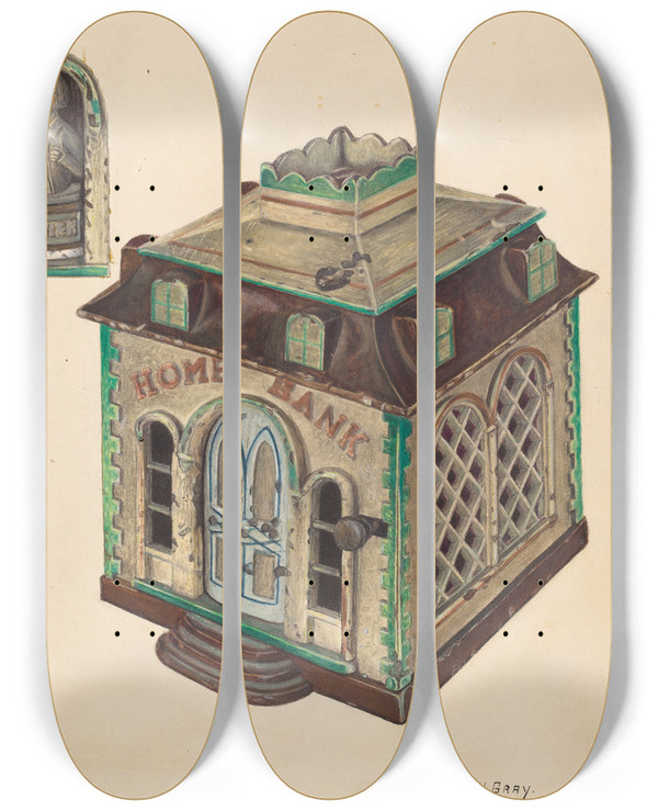 Triptych art skateboard deck of Frank Gray Home Bank by Frank Gray