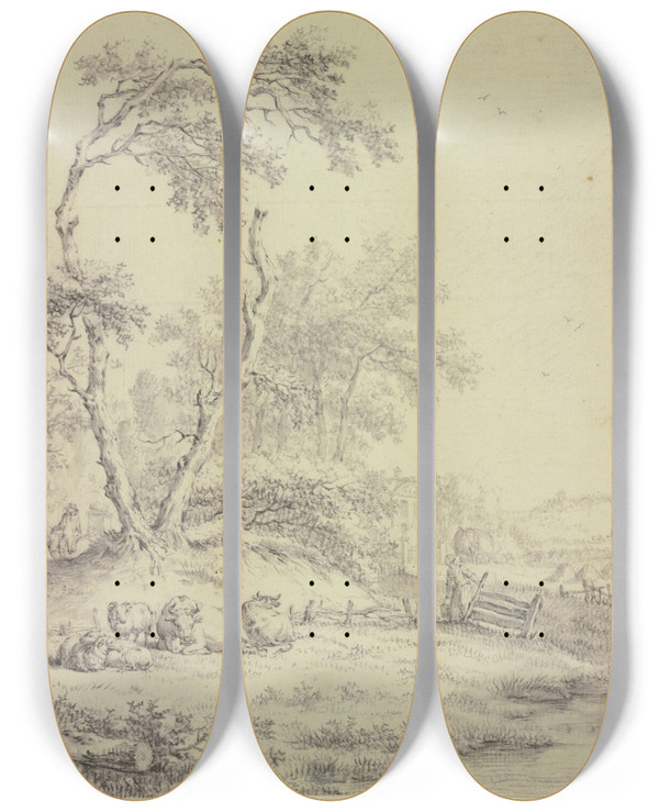 Triptych art skateboard deck of Jacob Cats Bei Einer Baumgruppe An Einem Zaun Liegendes Vieh Rechts Eine Frau Mit Einem Eimer by Jacob Cats (1741-1799)