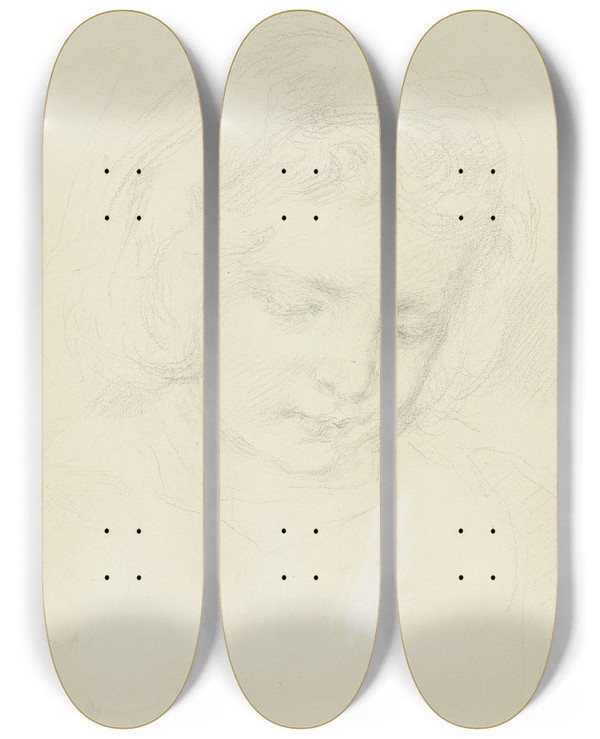 Triptych art skateboard deck of Angilbert Gbel Kpfchen Eines Tchterchens by Angilbert Gobel (1821-1882)