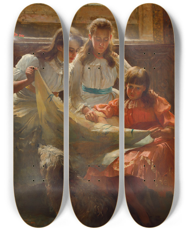 Triptych art skateboard deck of Arthur Trevethin Nowell The Reading Lesson by Arthur Trevethin Nowell (1862-1940)