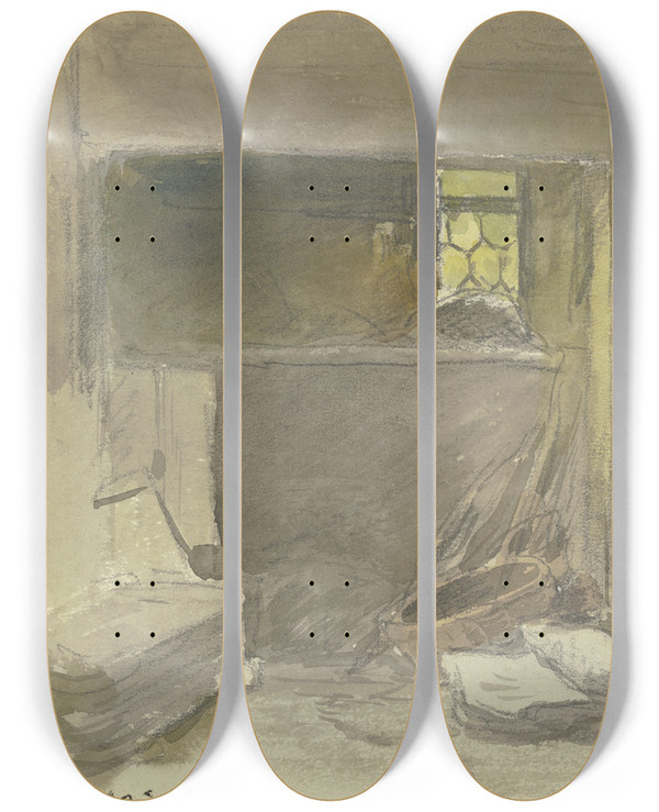 Triptych art skateboard deck of Anton Burger Innenraum Eines Bauernhauses by Anton Burger (1824-1905)