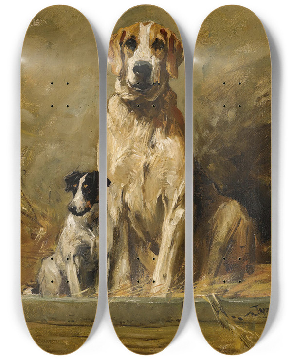 Triptych art skateboard deck of John Emms Hound And Terrier In A Kennel by John Emms (1843-1912)