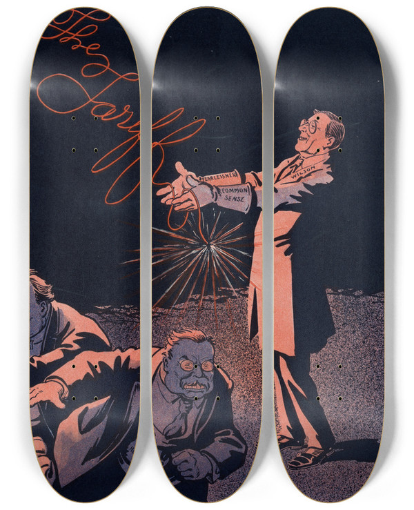 Triptych art skateboard deck of Louis Glackens He Dares To Touch It by Louis Glackens (1866-1933)