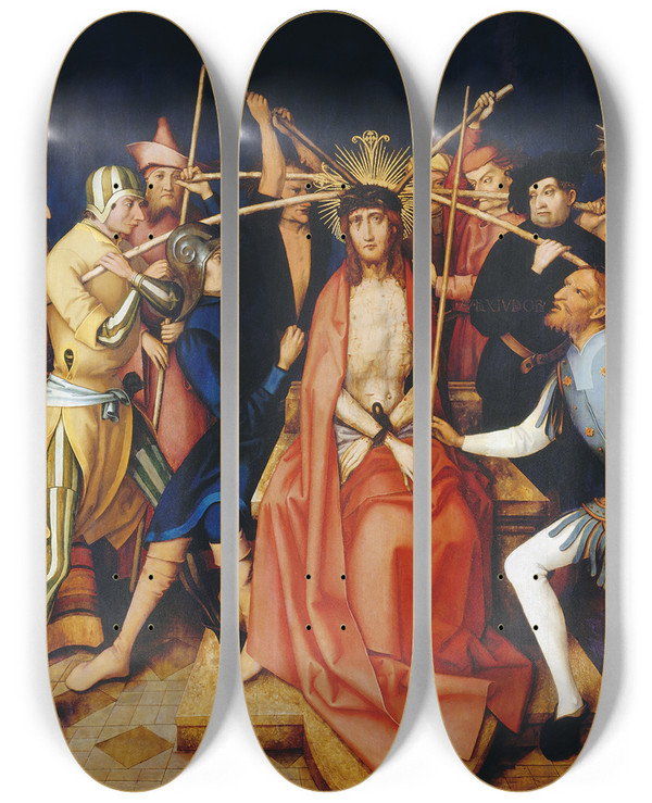 Triptych art skateboard deck of Hans Holbein The Elder Christ Crowned With Thorns by Hans Holbein The Elder (1460-1524)