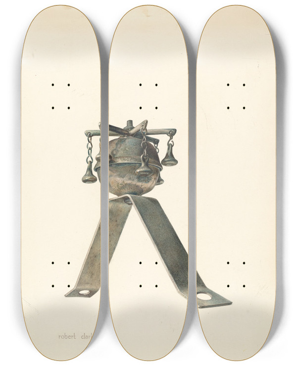 Triptych art skateboard deck of Robert Clark Sleigh Bells by Robert Clark