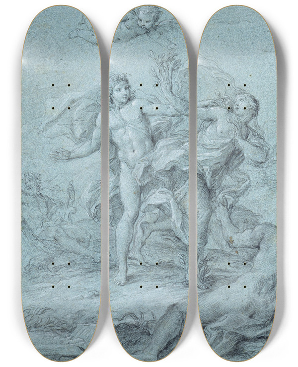 Triptych art skateboard deck of Stefano Pozzi Apollo And Daphne by Stefano Pozzi (1699-1768)