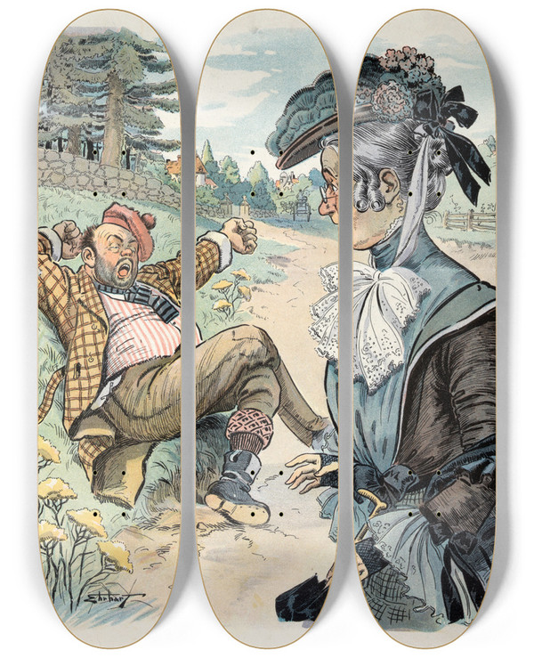 Triptych art skateboard deck of Samuel Ehrhart A Dismal Outlook by Samuel Ehrhart (1862-1937)