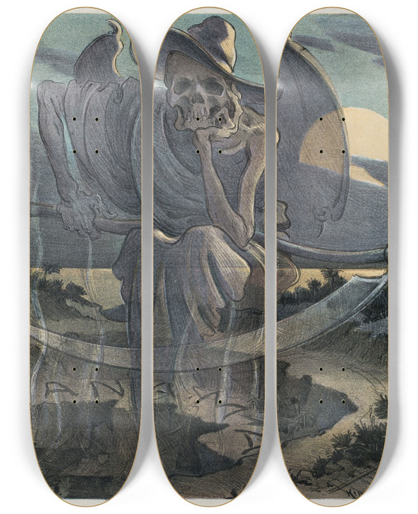 Triptych art skateboard deck of Udo Keppler Waiting_1 by Udo Keppler (1872-1956)