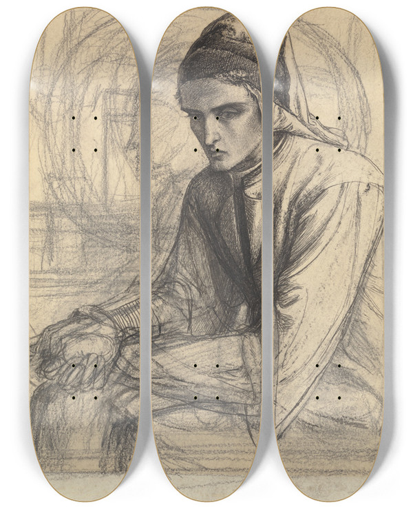 Triptych art skateboard deck of Dante Gabriel Rossetti Dante In Meditation Holding A Pomegranate by Dante Gabriel Rossetti (1828-1882)
