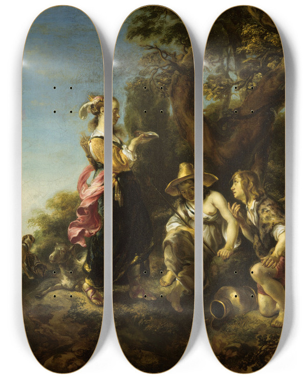 Triptych art skateboard deck of Jan Van Noordt Granida And Daifalo by Jan Van Noordt (1623-1676)