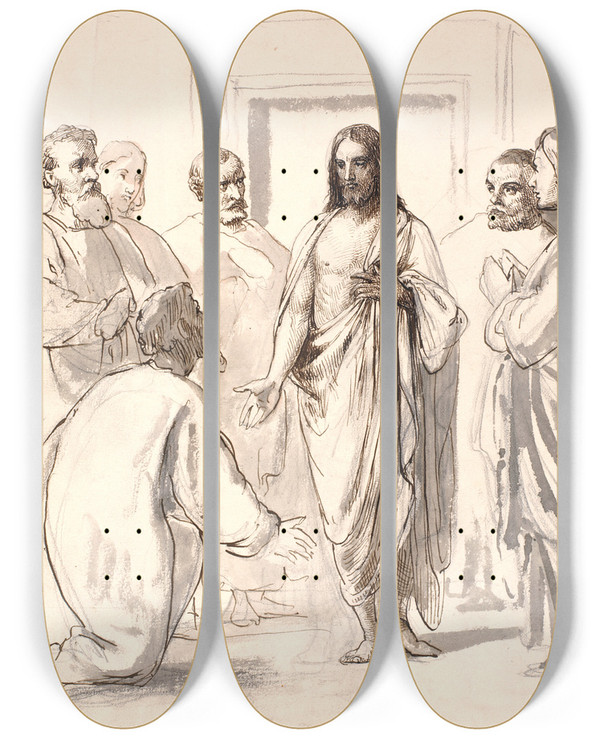 Triptych art skateboard deck of Wilhelm Marstrand Christ And The Doubting Thomas by Wilhelm Marstrand (1810-1873)
