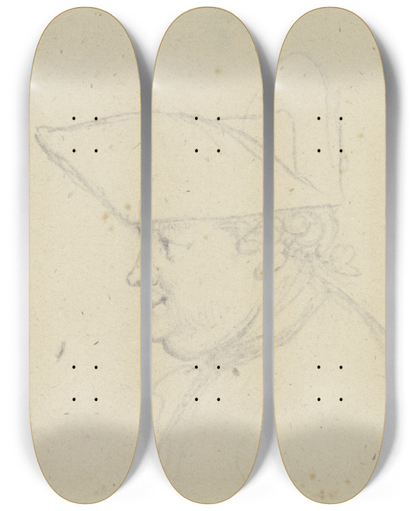 Triptych art skateboard deck of Daniel Nikolaus Chodowiecki Kopf Eines Mannes Mit Dreispitz by Daniel Nikolaus Chodowiecki (1726-1801)