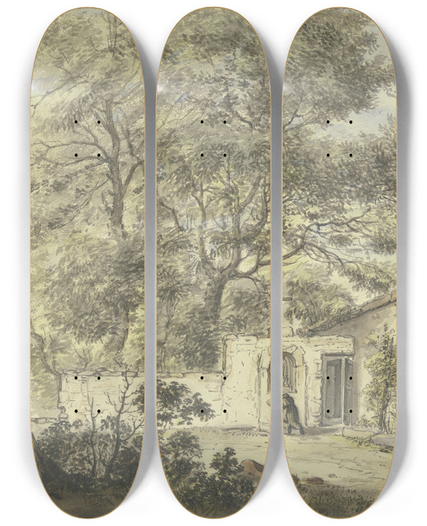 Triptych art skateboard deck of Pieter Moninckx Klosterhof Mit Betendem Mnch by Pieter Moninckx (1606-1686)