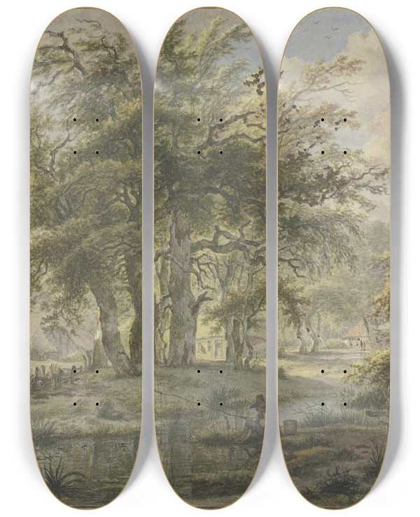 Triptych art skateboard deck of Jan Hulswit Eichenwald Mit Einigen Htten Im Vordergrund Ein Angler by Jan Hulswit (1766-1822)
