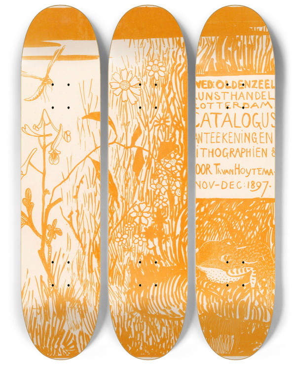 Triptych art skateboard deck of Theo Van Hoytema Catalogusomslag Met Pad En Libelle by Theo Van Hoytema (1863-1917)