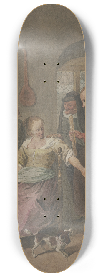 Hermanus Numan - In einem Zimmer spielt ein Mann die Flte, dabei sitzt eine Frau, die mit einem Mann spricht, der ein Krbchen trgt, hinter beiden eine alte Frau 8.25 inch art skate deck