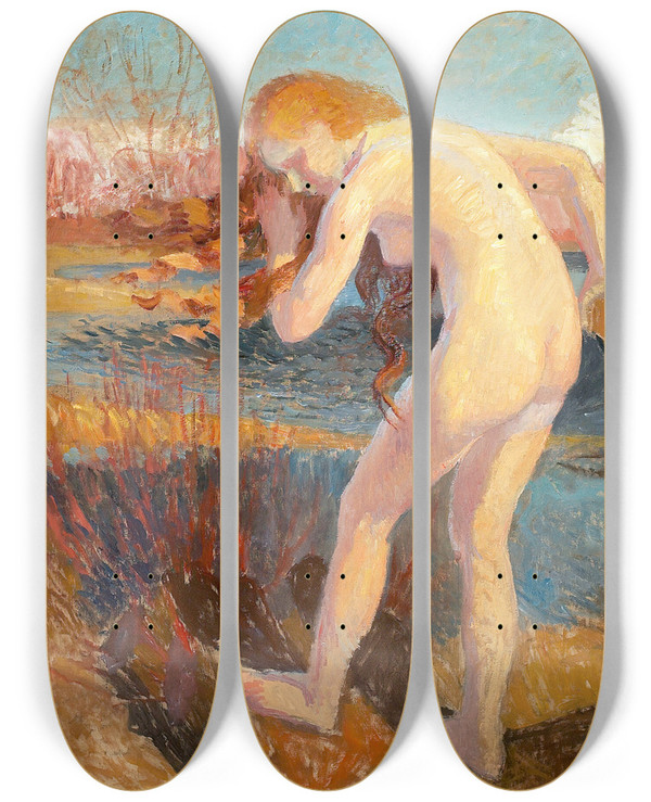Triptych art skateboard deck of Henrik Schouboe Landskab Med Ngen Kvinde by Henrik Schouboe (1876-1949)