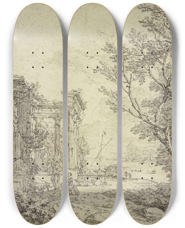 Triptych art skateboard deck of Isaac De Moucheron Antike Trmmer An Einem Fluss Links Eine Sphinx by Isaac de Moucheron (1667-1744)