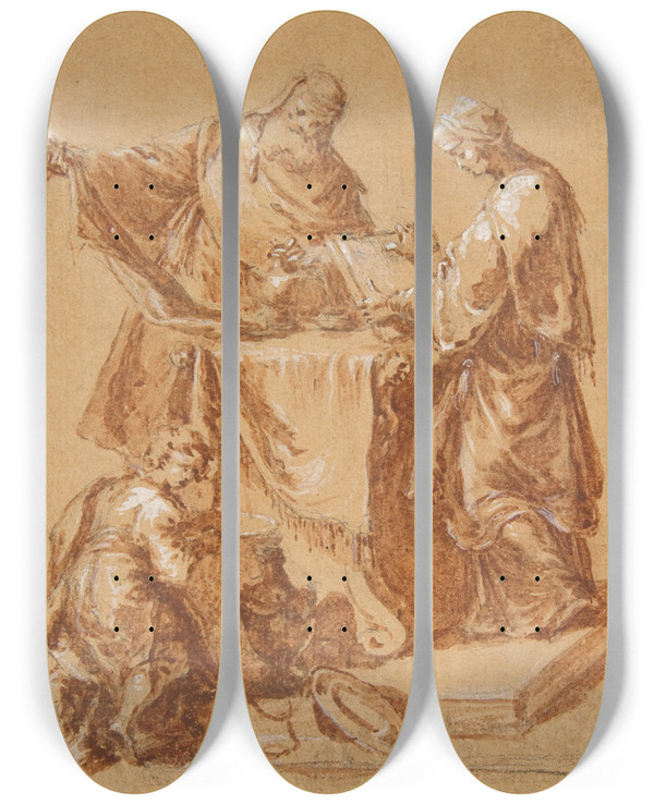 Triptych art skateboard deck of Anton Kern A Highpriest The Prophetess Anna And A Kneeling Boy Around A Table by Anton Kern (1710-1747)