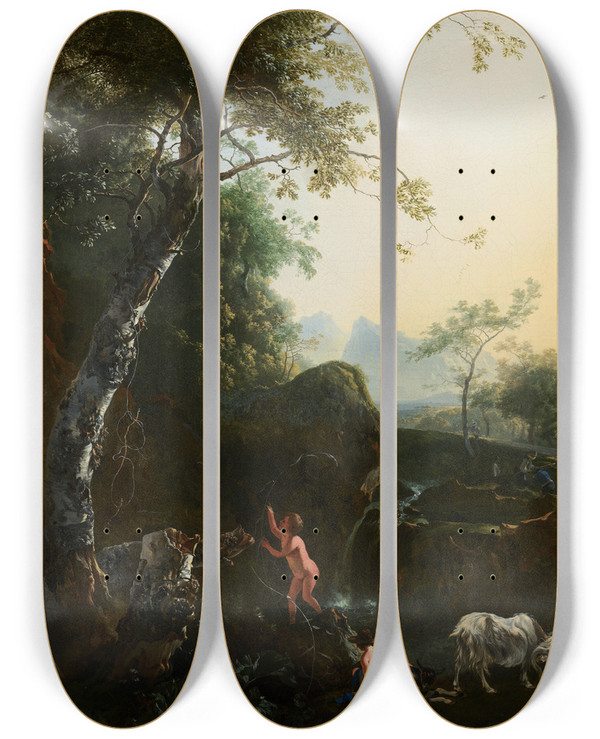 Triptych art skateboard deck of Adam Pynacker Mountainous Landscape With Waterfall by Adam Pynacker (1615-1673)