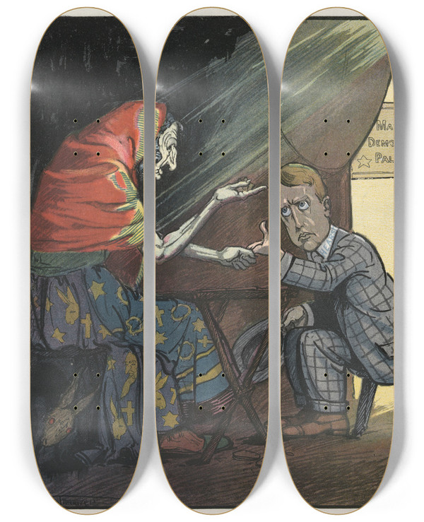 Triptych art skateboard deck of Frank Arthur Nankivell Reading His Future by Frank Arthur Nankivell (1869-1959)