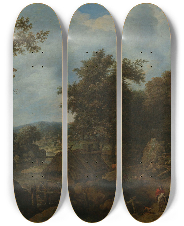 Triptych art skateboard deck of Allaert Van Everdingen Swedish Landscape With A Water Mill by Allaert Van Everdingen (1621-1675)